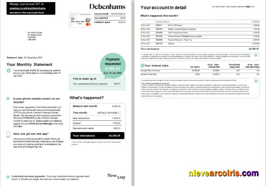United Kingdom Debenhams card monthly statement Word and PDF, 4 pages